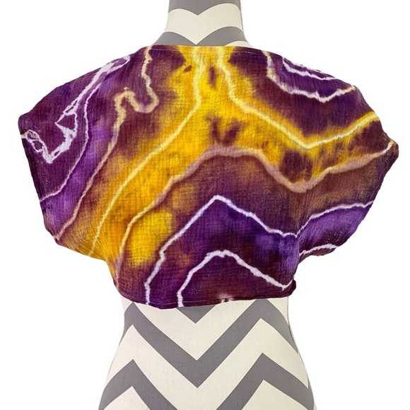 Handmade Tie Dye Wrap Crop Top Shirt Womens Size Small Crepe Texture Purple - Picture 2 of 8